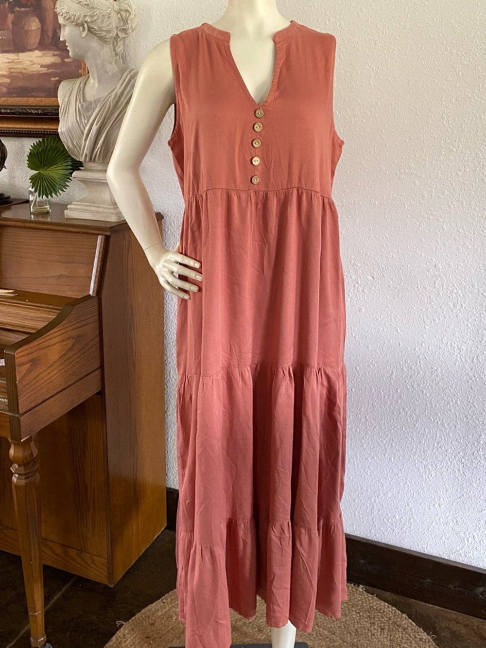 SHEIN Coral Sleeveless Tiered Maxi Dress with Button Placket